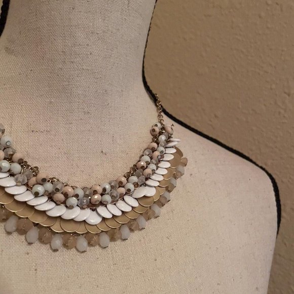 LOFT Jewelry Signed Loft Gold Tone Beaded White Costume Necklace Adjustable Length Ann